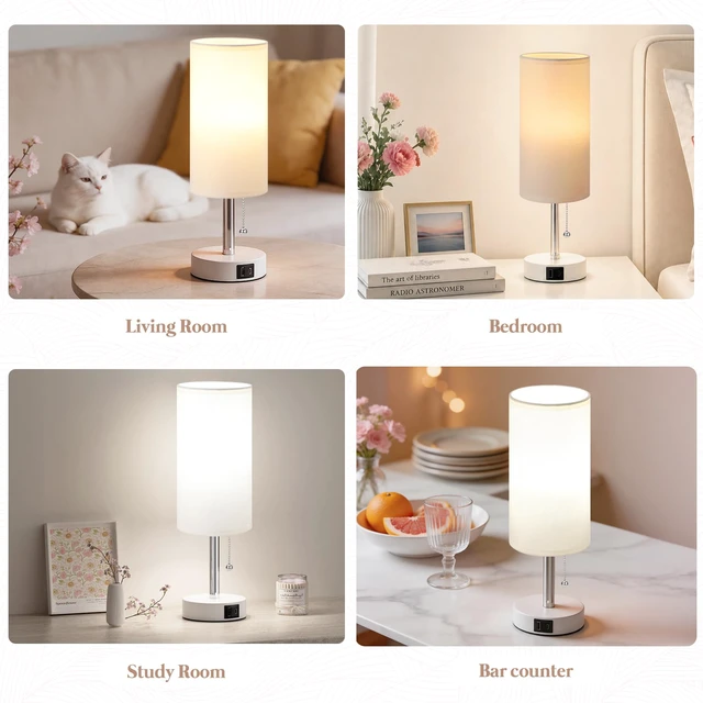 Alt view image 4 of 7 - White Bedside Table Lamp for Bedroom - Small Nightstand Lamp for Girls 3 Color Temp, USB A+C Ports, LED Bulb Included, Soft White Fabric Shade, Matte White Metal Base, 14" Desk Lamp for Kids Dorm