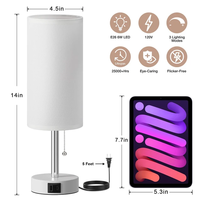 Alt view image 5 of 7 - White Bedside Table Lamp for Bedroom - Small Nightstand Lamp for Girls 3 Color Temp, USB A+C Ports, LED Bulb Included, Soft White Fabric Shade, Matte White Metal Base, 14" Desk Lamp for Kids Dorm