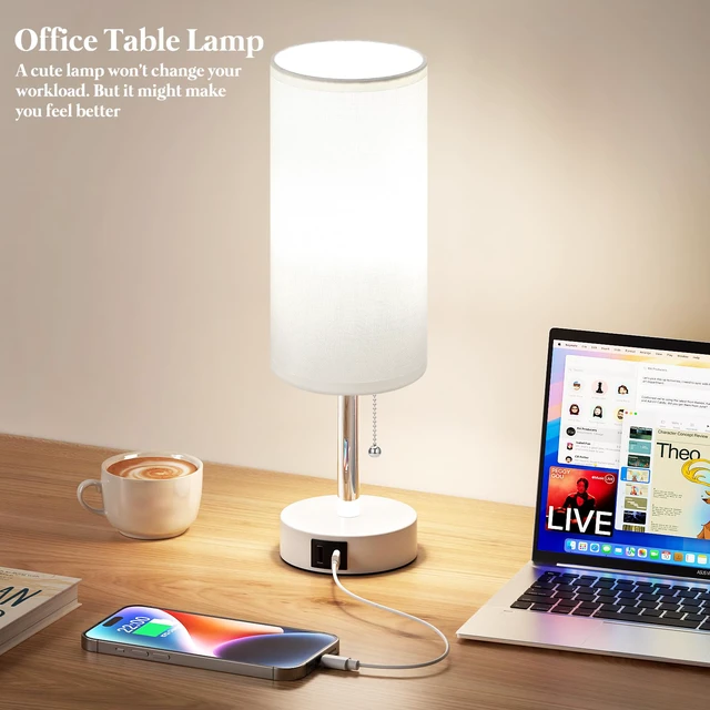 Alt view image 6 of 7 - White Bedside Table Lamp for Bedroom - Small Nightstand Lamp for Girls 3 Color Temp, USB A+C Ports, LED Bulb Included, Soft White Fabric Shade, Matte White Metal Base, 14" Desk Lamp for Kids Dorm