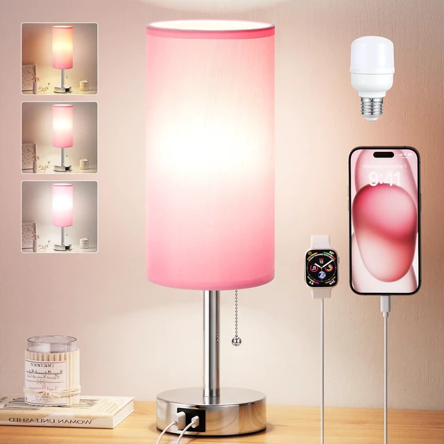 Main image of Pink Bedside Table Lamp for Bedroom - Small Nightstand Lamp for Girls 3 Color Temp, USB A+C Ports, LED Bulb Included, Soft Pink Fabric Shade, Sleek Silver Metal Base, 14" Desk Lamp for Kids Dorm