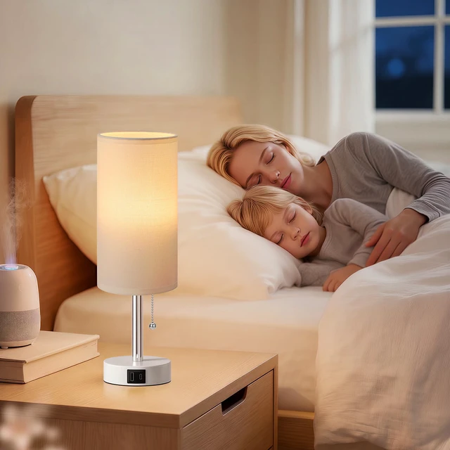 Alt view image 7 of 7 - White Bedside Table Lamp for Bedroom - Small Nightstand Lamp for Girls 3 Color Temp, USB A+C Ports, LED Bulb Included, Soft White Fabric Shade, Matte White Metal Base, 14" Desk Lamp for Kids Dorm