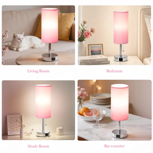 Alt view image 4 of 7 - Pink Bedside Table Lamp for Bedroom - Small Nightstand Lamp for Girls 3 Color Temp, USB A+C Ports, LED Bulb Included, Soft Pink Fabric Shade, Sleek Silver Metal Base, 14" Desk Lamp for Kids Dorm