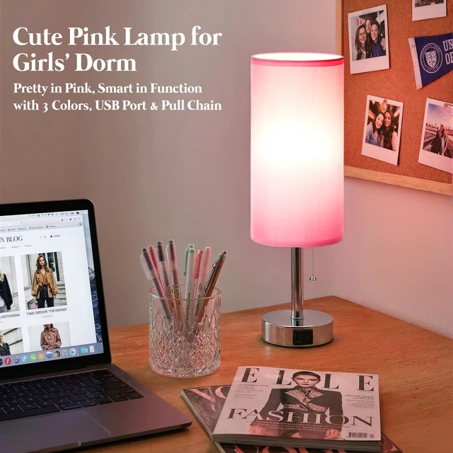 Alt view image 2 of 7 - Pink Bedside Table Lamp for Bedroom - Small Nightstand Lamp for Girls 3 Color Temp, USB A+C Ports, LED Bulb Included, Soft Pink Fabric Shade, Sleek Silver Metal Base, 14" Desk Lamp for Kids Dorm