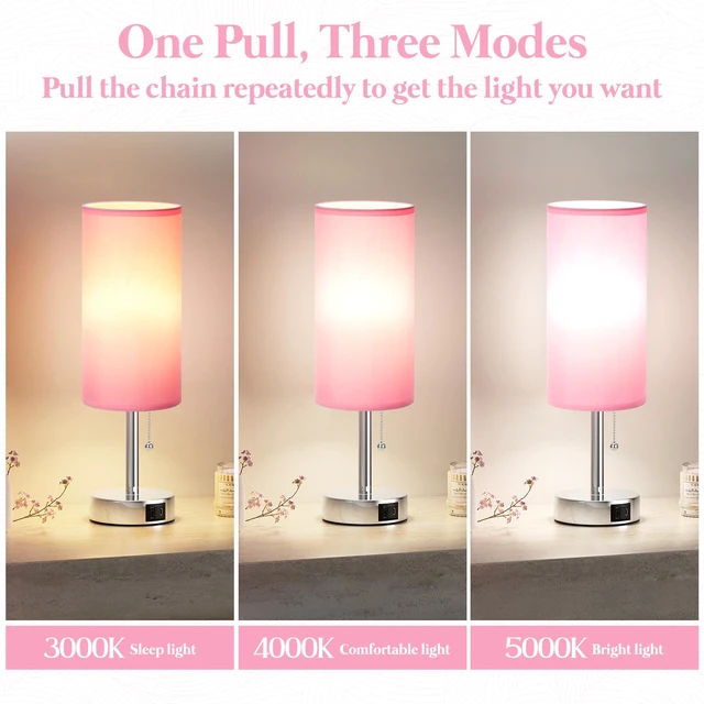 Alt view image 3 of 7 - Pink Bedside Table Lamp for Bedroom - Small Nightstand Lamp for Girls 3 Color Temp, USB A+C Ports, LED Bulb Included, Soft Pink Fabric Shade, Sleek Silver Metal Base, 14" Desk Lamp for Kids Dorm