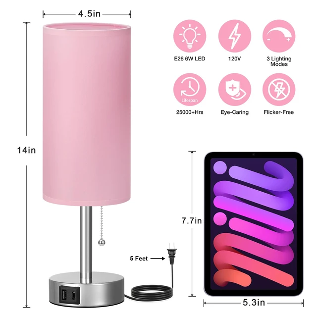 Alt view image 5 of 7 - Pink Bedside Table Lamp for Bedroom - Small Nightstand Lamp for Girls 3 Color Temp, USB A+C Ports, LED Bulb Included, Soft Pink Fabric Shade, Sleek Silver Metal Base, 14" Desk Lamp for Kids Dorm