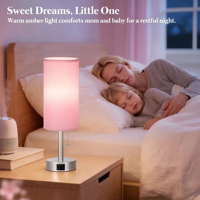 Alt view image 6 of 7 - Pink Bedside Table Lamp for Bedroom - Small Nightstand Lamp for Girls 3 Color Temp, USB A+C Ports, LED Bulb Included, Soft Pink Fabric Shade, Sleek Silver Metal Base, 14" Desk Lamp for Kids Dorm