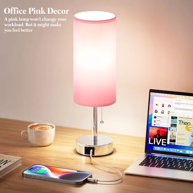 Alt view image 7 of 7 - Pink Bedside Table Lamp for Bedroom - Small Nightstand Lamp for Girls 3 Color Temp, USB A+C Ports, LED Bulb Included, Soft Pink Fabric Shade, Sleek Silver Metal Base, 14" Desk Lamp for Kids Dorm
