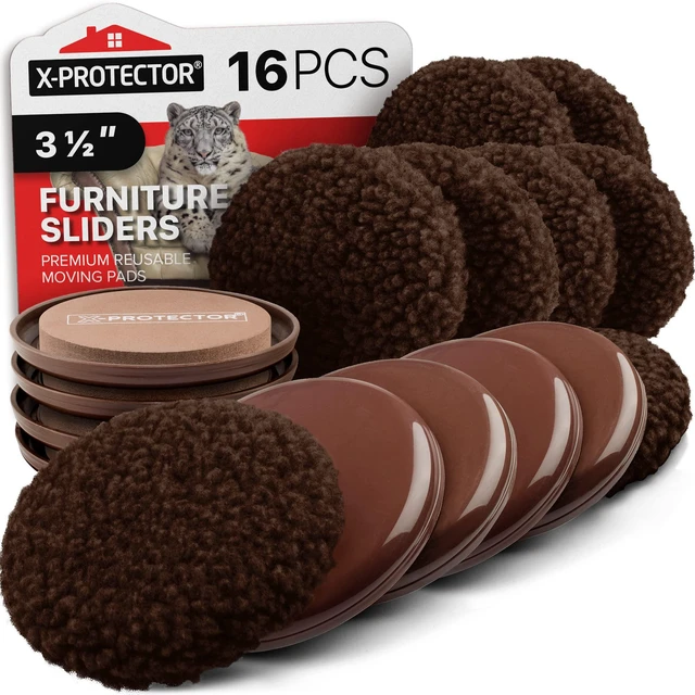 Main image of Furniture Sliders - 8+8 Pack 3 1/2, Multi-Surface, Brown Sliders for Carpet & Hard Floors - 8 Furniture Movers for Carpeted Floors and 8 Hardwood Socks - Move Furniture Easily!