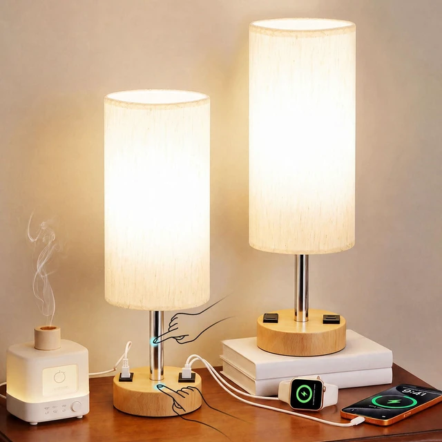 Main image of Table Lamp for Bedroom, Touch Nightstand Lamp with 10W USB Charging 3-Way Dimmable Touch, USB-A & AC Outlet, Flicker-Free LED Bulb, 14in Fabric Shade, for Bedroom Living Room Dorm Office(2PCS)