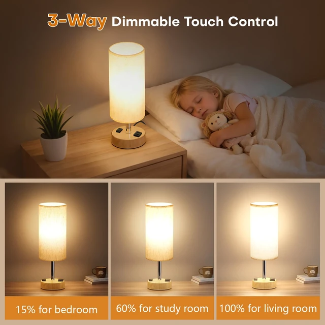 Alt view image 5 of 7 - Table Lamp for Bedroom, Touch Nightstand Lamp with 10W USB Charging 3-Way Dimmable Touch, USB-A & AC Outlet, Flicker-Free LED Bulb, 14in Fabric Shade, for Bedroom Living Room Dorm Office(2PCS)