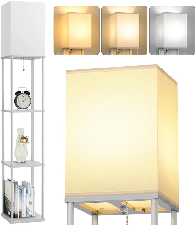 Main image of Floor Lamp with Shelves, 3-Tier Modern Square Bookshelf Standing Lamp Grey 3 Color Temperature Bulb Included, Pull Chain Tall Lamp for Living Room Bedroom Corner Office Apartment Decor