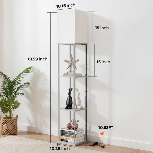 Alt view image 3 of 7 - Floor Lamp with Shelves, 3-Tier Modern Square Bookshelf Standing Lamp Grey 3 Color Temperature Bulb Included, Pull Chain Tall Lamp for Living Room Bedroom Corner Office Apartment Decor