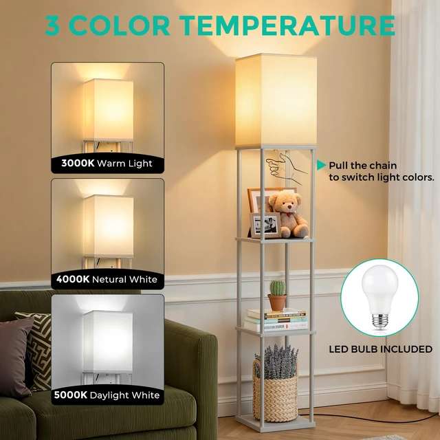 Alt view image 2 of 7 - Floor Lamp with Shelves, 3-Tier Modern Square Bookshelf Standing Lamp Grey 3 Color Temperature Bulb Included, Pull Chain Tall Lamp for Living Room Bedroom Corner Office Apartment Decor