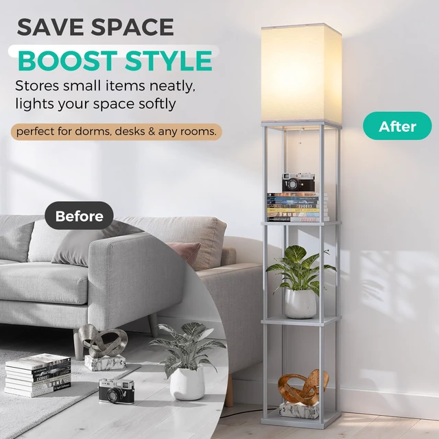 Alt view image 5 of 7 - Floor Lamp with Shelves, 3-Tier Modern Square Bookshelf Standing Lamp Grey 3 Color Temperature Bulb Included, Pull Chain Tall Lamp for Living Room Bedroom Corner Office Apartment Decor