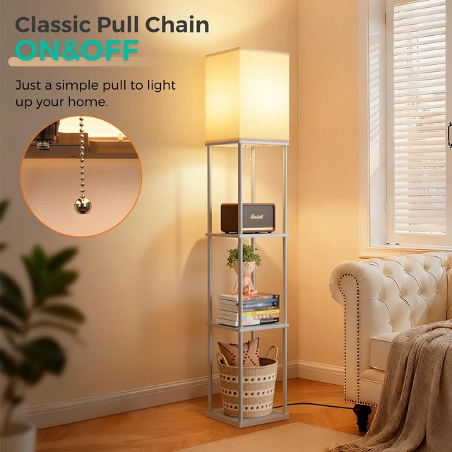 Alt view image 6 of 7 - Floor Lamp with Shelves, 3-Tier Modern Square Bookshelf Standing Lamp Grey 3 Color Temperature Bulb Included, Pull Chain Tall Lamp for Living Room Bedroom Corner Office Apartment Decor