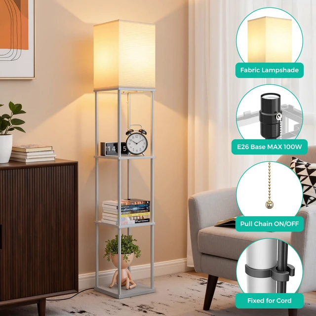 Alt view image 4 of 7 - Floor Lamp with Shelves, 3-Tier Modern Square Bookshelf Standing Lamp Grey 3 Color Temperature Bulb Included, Pull Chain Tall Lamp for Living Room Bedroom Corner Office Apartment Decor