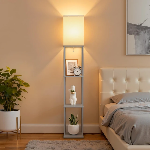 Alt view image 7 of 7 - Floor Lamp with Shelves, 3-Tier Modern Square Bookshelf Standing Lamp Grey 3 Color Temperature Bulb Included, Pull Chain Tall Lamp for Living Room Bedroom Corner Office Apartment Decor
