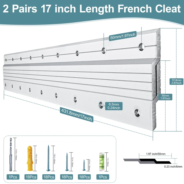 Alt view image 2 of 7 - French Cleat Heavy Duty 17 Inch, 2 Pairs Aluminum Picture Hanger Securely Hold 200 Lbs, Interlocking Z Clips Wall Mount Hardware Kit, Mirrors, Picture, Poster, Floating Shelves, Art, Frames