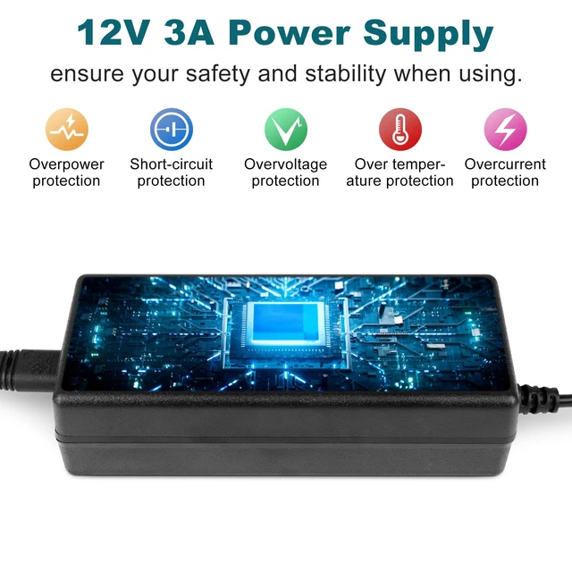 Alt view image 2 of 7 - 12V Power Supply, DC 3A 36W 12 Volt LED Power Supply Adapter, 5 Pack Low Voltage Transformer, AC 100-240V to DC 12V Adapter for LED Strip Lights