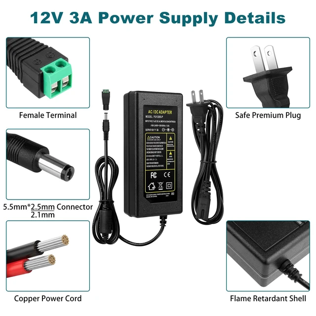 Alt view image 3 of 7 - 12V Power Supply, DC 3A 36W 12 Volt LED Power Supply Adapter, 5 Pack Low Voltage Transformer, AC 100-240V to DC 12V Adapter for LED Strip Lights