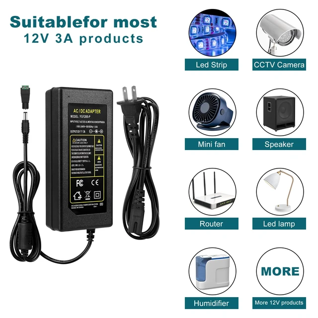 Alt view image 4 of 7 - 12V Power Supply, DC 3A 36W 12 Volt LED Power Supply Adapter, 5 Pack Low Voltage Transformer, AC 100-240V to DC 12V Adapter for LED Strip Lights