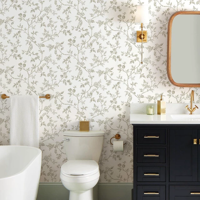 Alt view image 2 of 7 - Beige and White Wallpaper Vintage Floral Peel and Stick Wallpaper 16.9"x393.7" Floral Birds Contact Paper Boho Self Adhesive Wall Paper for Bedroom Bathroom Decor Removable
