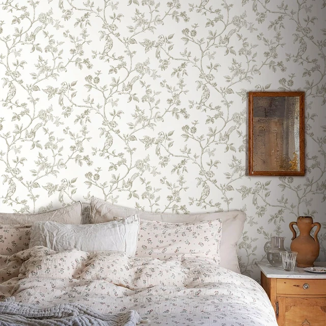 Alt view image 3 of 7 - Beige and White Wallpaper Vintage Floral Peel and Stick Wallpaper 16.9"x393.7" Floral Birds Contact Paper Boho Self Adhesive Wall Paper for Bedroom Bathroom Decor Removable