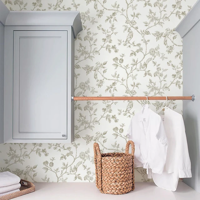 Alt view image 4 of 7 - Beige and White Wallpaper Vintage Floral Peel and Stick Wallpaper 16.9"x393.7" Floral Birds Contact Paper Boho Self Adhesive Wall Paper for Bedroom Bathroom Decor Removable