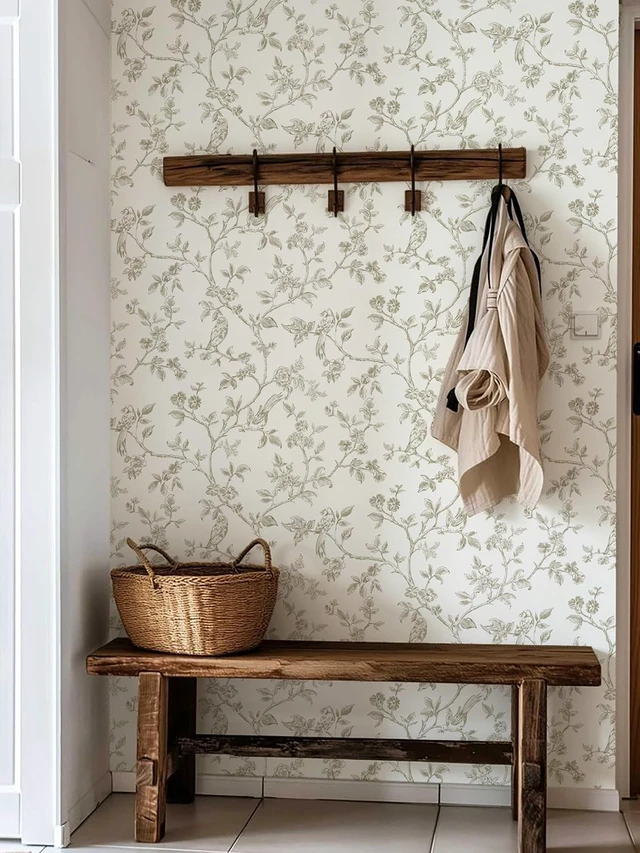 Alt view image 5 of 7 - Beige and White Wallpaper Vintage Floral Peel and Stick Wallpaper 16.9"x393.7" Floral Birds Contact Paper Boho Self Adhesive Wall Paper for Bedroom Bathroom Decor Removable