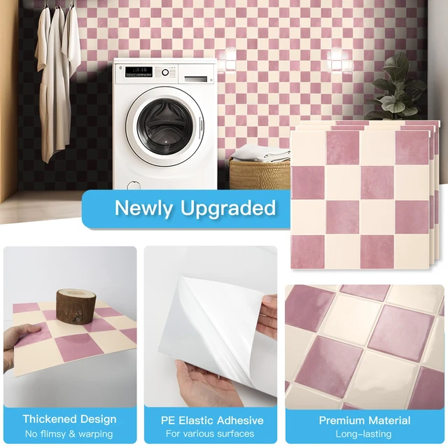 Alt view image 5 of 7 - Grid Peel and Stick Backsplash, 10-Pack, 12" x 12", Pink & Warm White Enhanced Thickness, Strong Adhesion, Moisture Resistant, Long-Lasting, Minimalist Look, DIY Friendly, for Kitchen Countertops