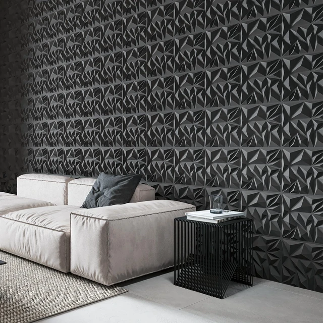 Alt view image 2 of 7 - 33-Pack 3D Wall Panels for Interior Wall Decor, Modern Diamond Textured Accent Wall Paneling for Gaming Living Room TV Wall Background, 12 x 12 inch Black