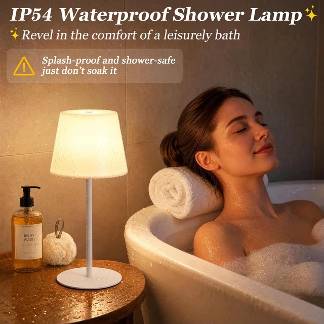 Alt view image 3 of 7 - Shower Lamp Rechargeable Waterproof Lamp, Cordless Table Lamp for Bathroom IP54 Spa-Like Shower Light, 4000mAh Battery Powered, 3 Color Modes, Stepless Dimming and Memory, for Bathtub Outdoor (1Pack)