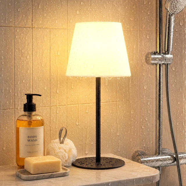 Main image of Shower Lamp Rechargeable Waterproof Lamp, Cordless Table Lamp for Bathroom IP54 Spa-Like Shower Light, 4000mAh Battery Powered, 3 Color Modes, Stepless Dimming and Memory, for Bathtub Outdoor (1Pack)