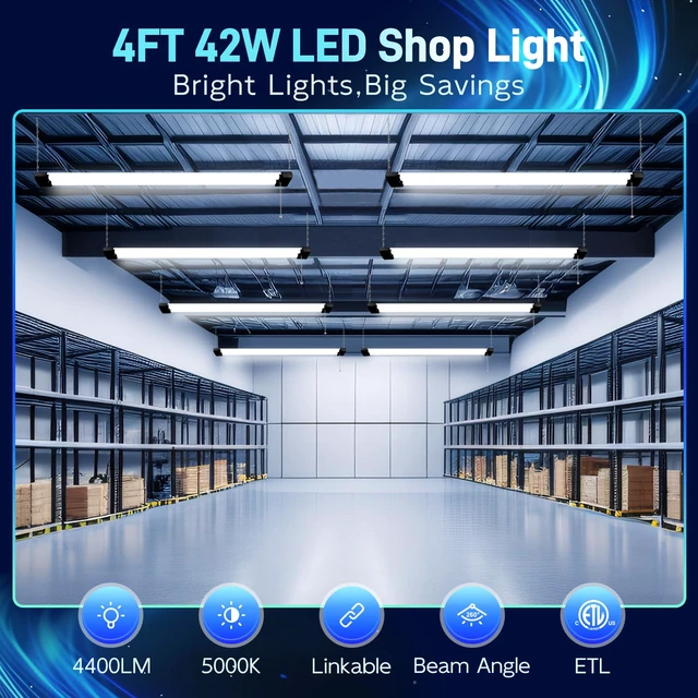 Alt view image 2 of 7 - 4FT LED Shop Light Linkable,4400LM,5000K Daylight 42W LED Ceiling Lights for Garages,Workshops,Basements,Hanging or FlushMount,Power Cord and Pull Chain,Balck,ETL- 1 Pack