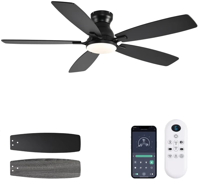 Main image of Ceiling Fans with Lights, 52 Inch Low Profile Ceiling Fan with Light and Remote Control, Flush Mount, DC Reversible Motor, Noiseless, Black 6 Speeds Ceiling Fan for Bedroom