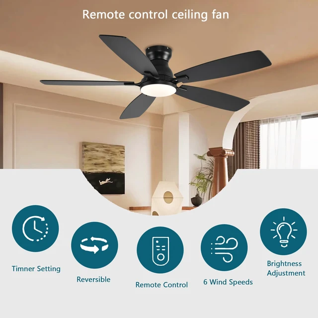 Alt view image 2 of 7 - Ceiling Fans with Lights, 52 Inch Low Profile Ceiling Fan with Light and Remote Control, Flush Mount, DC Reversible Motor, Noiseless, Black 6 Speeds Ceiling Fan for Bedroom