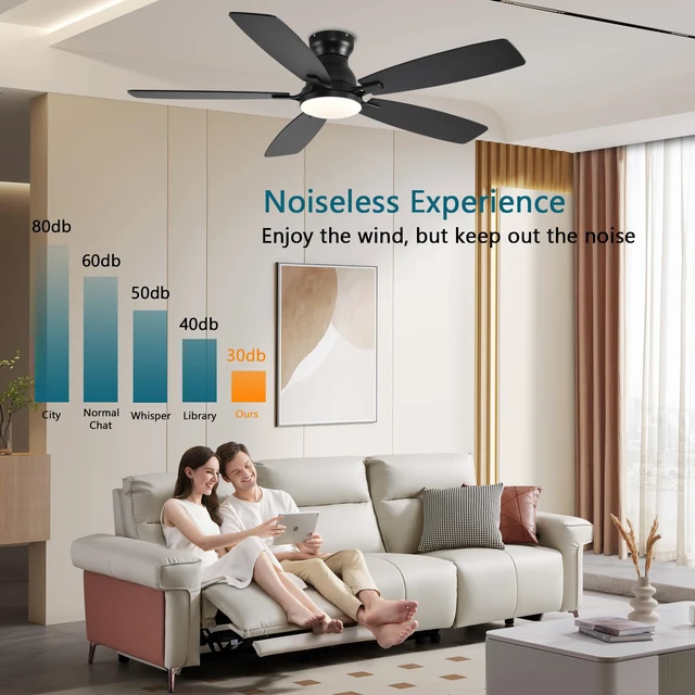 Alt view image 5 of 7 - Ceiling Fans with Lights, 52 Inch Low Profile Ceiling Fan with Light and Remote Control, Flush Mount, DC Reversible Motor, Noiseless, Black 6 Speeds Ceiling Fan for Bedroom