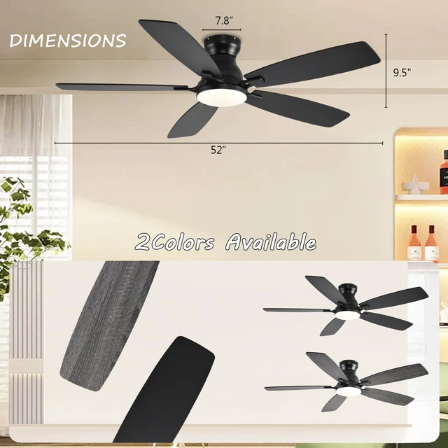 Alt view image 6 of 7 - Ceiling Fans with Lights, 52 Inch Low Profile Ceiling Fan with Light and Remote Control, Flush Mount, DC Reversible Motor, Noiseless, Black 6 Speeds Ceiling Fan for Bedroom