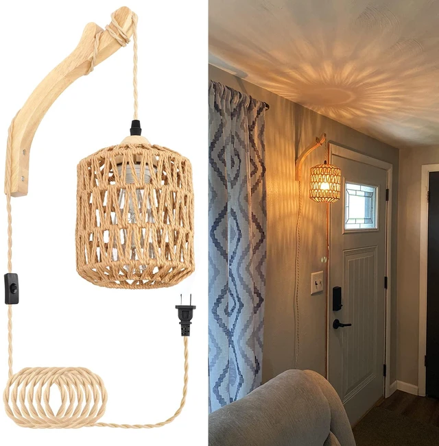 Main image of Rattan Wall Lamp with Plug in Cord Hand Woven Plug in Wall Sconces Paper Rope Wall Light Farmhouse Wall Sconce Wall Mounted Light Boho Wall Sconces Wall Lighting for Bedroom Living Room