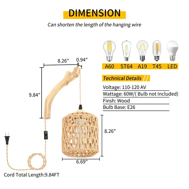 Alt view image 4 of 7 - Rattan Wall Lamp with Plug in Cord Hand Woven Plug in Wall Sconces Paper Rope Wall Light Farmhouse Wall Sconce Wall Mounted Light Boho Wall Sconces Wall Lighting for Bedroom Living Room
