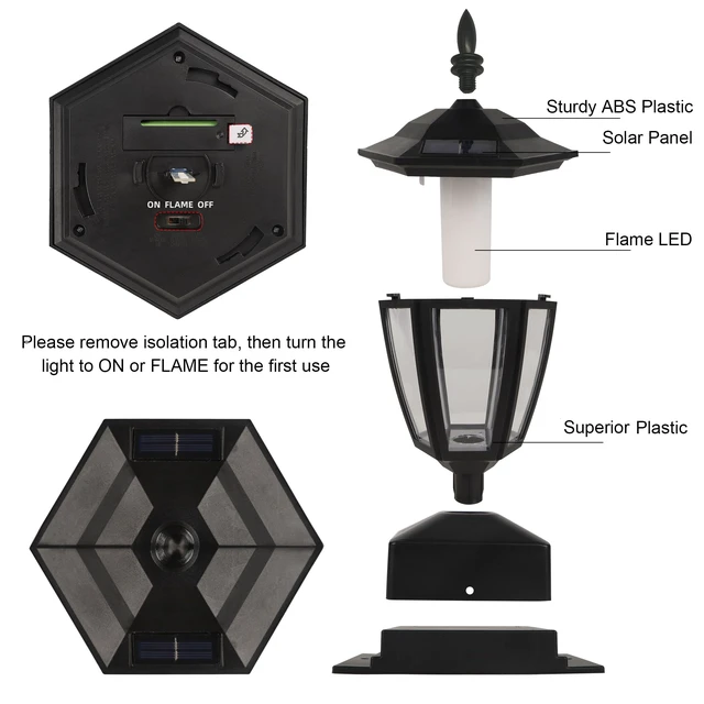 Alt view image 6 of 7 - Solar Flame Post Lights Outdoor, Solar Powered Lamps Fence Post Cap Lights, Flickering Flame LED Lantern Decorative Waterproof for Garden Deck Patio, Fit 4x4, 5x5 or 6x6 Wooden Posts, 2 Pack