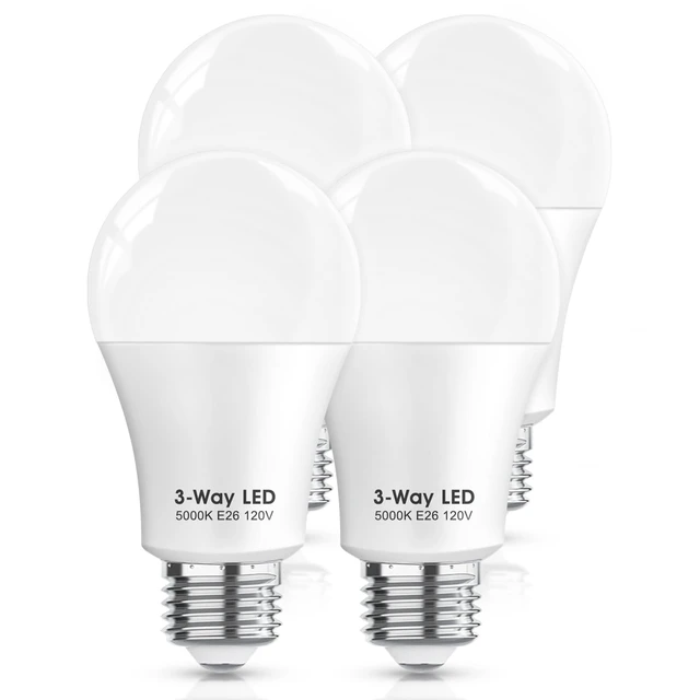 Main image of 3 Way LED Light Bulbs 50 100 150W Equivalent, Daylight White 5000K 3 Way Light Bulbs, A19 Three Way Light Bulb,E26 Base LED Light Bulb for Reading,Living Room-4 Pack