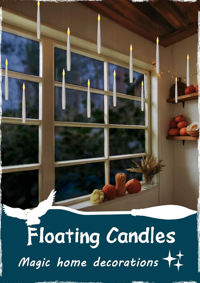 Alt view image 5 of 7 - 20Pcs Floating Candle with Wand Remote, 6/18H Timer, Halloween Decor Flickering Warm Light, 6.1" Flameless Taper Magic Hanging Candles, Christmas Window Wedding Party Decorations (White)