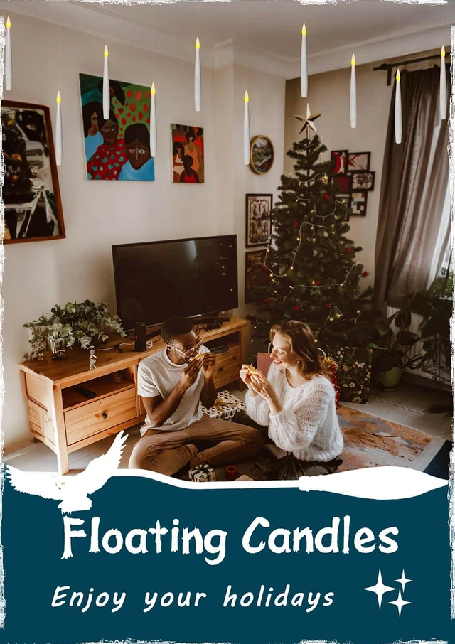 Alt view image 6 of 7 - 20Pcs Floating Candle with Wand Remote, 6/18H Timer, Halloween Decor Flickering Warm Light, 6.1" Flameless Taper Magic Hanging Candles, Christmas Window Wedding Party Decorations (White)