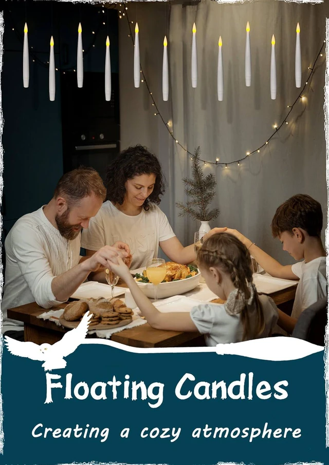 Alt view image 7 of 7 - 20Pcs Floating Candle with Wand Remote, 6/18H Timer, Halloween Decor Flickering Warm Light, 6.1" Flameless Taper Magic Hanging Candles, Christmas Window Wedding Party Decorations (White)
