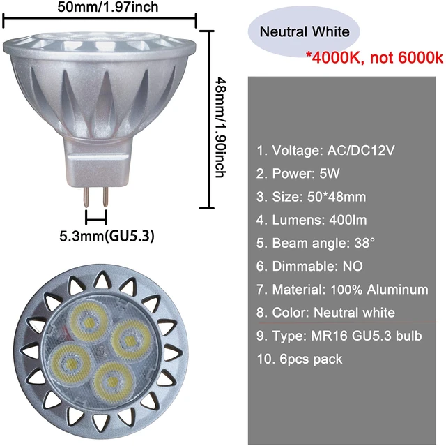 Alt view image 3 of 5 - MR16 GU5.3 Led Landscape Bulbs 12V Low Voltage 4000K Neutral White 20W-35W Equivalent, MR16 Bulbs for Outdoor Landscape Flood Ceil Track Lighting,Not Dimmable,450lm,38 Deg,6 Pack