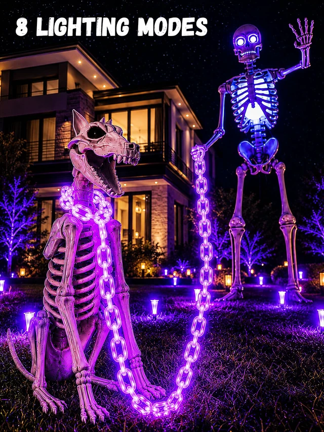 Alt view image 2 of 7 - Battery Halloween Chain Lights, 10 FT 160 LED Purple Light-Up Plastic Timer 8 Modes Battery Operated with Memory for Skeleton Dog, Yard Skeleton, Haunted House and Outdoor Decor Halloween Decorations