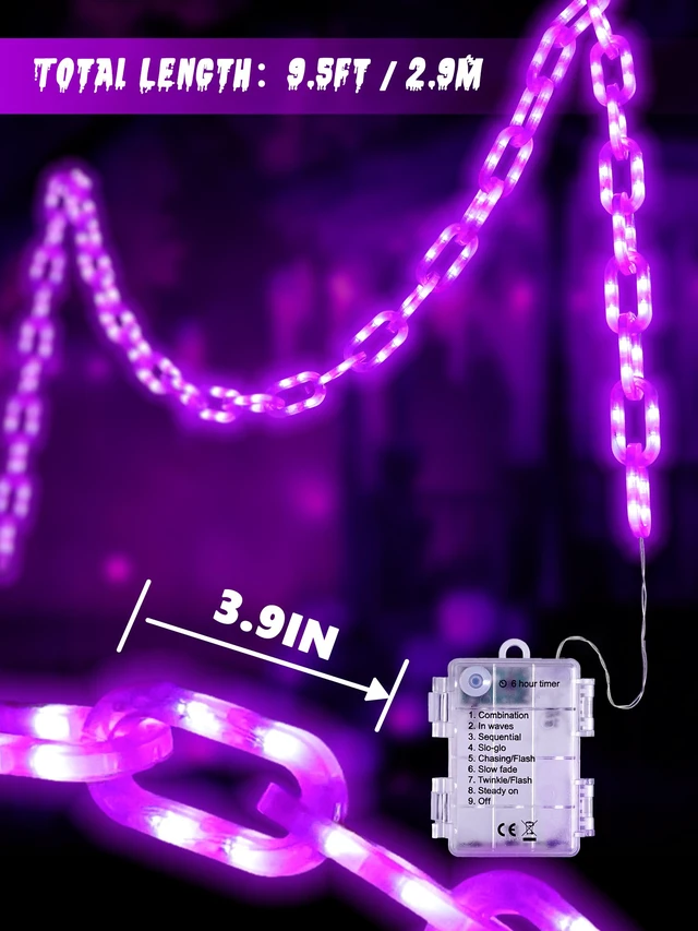 Alt view image 3 of 7 - Battery Halloween Chain Lights, 10 FT 160 LED Purple Light-Up Plastic Timer 8 Modes Battery Operated with Memory for Skeleton Dog, Yard Skeleton, Haunted House and Outdoor Decor Halloween Decorations