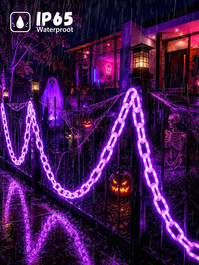 Alt view image 4 of 7 - Battery Halloween Chain Lights, 10 FT 160 LED Purple Light-Up Plastic Timer 8 Modes Battery Operated with Memory for Skeleton Dog, Yard Skeleton, Haunted House and Outdoor Decor Halloween Decorations