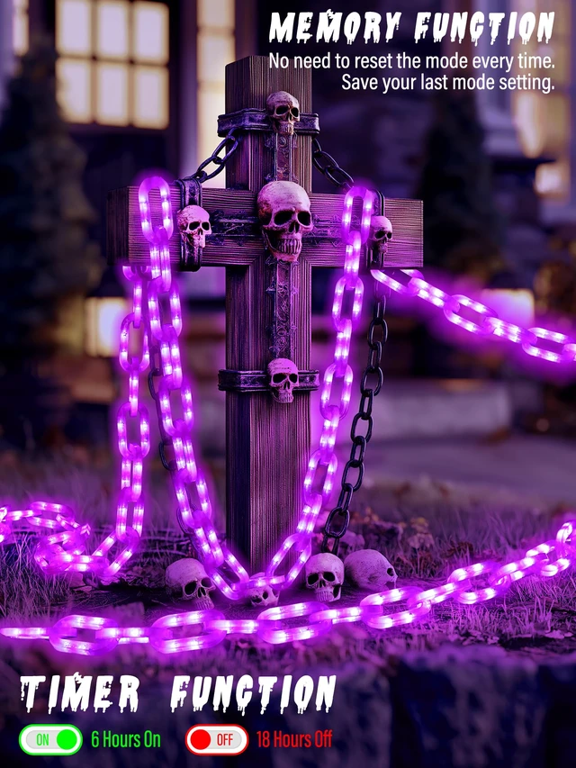 Alt view image 5 of 7 - Battery Halloween Chain Lights, 10 FT 160 LED Purple Light-Up Plastic Timer 8 Modes Battery Operated with Memory for Skeleton Dog, Yard Skeleton, Haunted House and Outdoor Decor Halloween Decorations